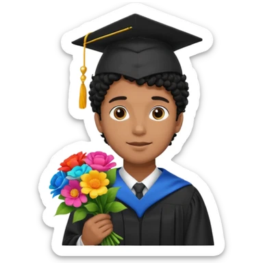 Graduated Students, Male,  brown skin, black curly hair, wearing graduation cap, holding bouquet of flowers
 sticker