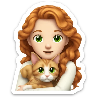 ginger girl with wavy long hair and green eyes in turtle neck white sweater cuddling with a brown cat sticker