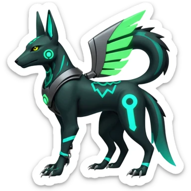 Black and green cyberpunk intricate neon glowing grey white futuristic cyborg-Anubis-Hermanubis-Zeraora-Zoroark-Umbreon-Litten-Salandit-fusion (full body) sticker