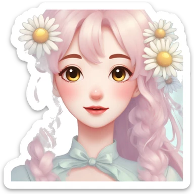 Gorgeous pastel anime style lady with blushing face and daisies cottagecore fairycore pastelcore colorful pearly romantic simplistic aesthetic trending style sticker