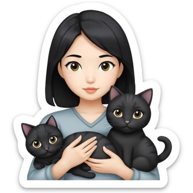 Asian girl with shoulder length black hair, grey highlights. Holding two black cats.  sticker