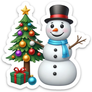 Christmas tree with snow man putting on ornaments  sticker