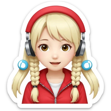 Cute kawaii emoji-style Japanese K-pop singer girl, long platinum blonde hair in twin tails, red outfit, headset mic on cheek, Japanese K-pop idol vibes, big sparkling eyes, chibi proportions, clean lineart, pastel colors, cheerful idol smile, sticker/emoji style, transparent background sticker