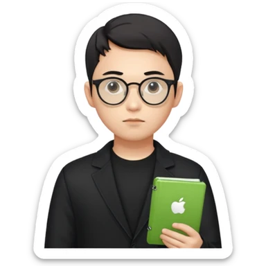 a asia white man guy his 26olds wearing an apple notebook, wearing bodyguard radio operator, round glasses, black clothes sticker