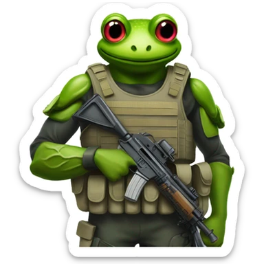 a soldier with a frog head with a weapon in his hand in a bulletproof vest sticker