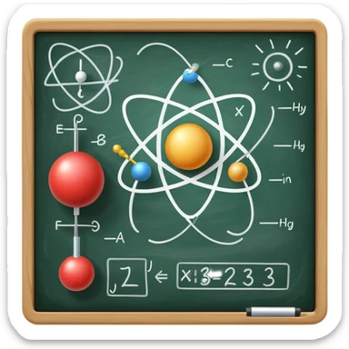 An icon featuring an atom model, a chalkboard with formulas, and a magnet with field lines, symbolizing physics. The design includes a pendulum, light waves, and circuit elements, representing the study of matter, energy, and forces. Transparent background highlights scientific sticker