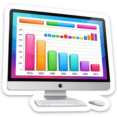 iMac computer with bar charts and beauty products inside the screen sticker