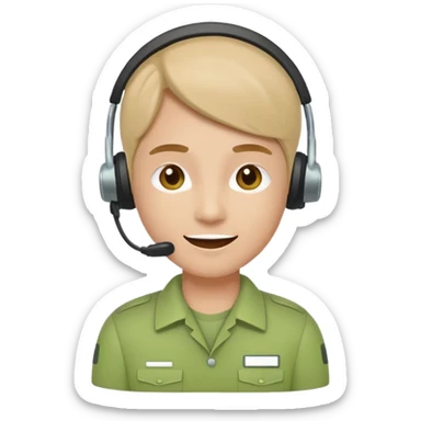 A modern flat emoji depicting a call center employee wearing a light green uniform and headset, with a friendly expression, a minimalist design, bright colors, and a white or transparent background. sticker
