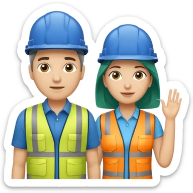 Um homem e uma mulher amarelos com capacete de obras ambos azul escuro e camisa social cinza com faixas refletivas verdes nos braços. Um deles deve estar segurando um megafone sticker