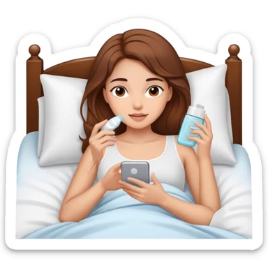 White Girl with Brown hair having skincare on, laying In bed using phone  sticker