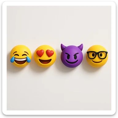 make four emojis on white background with good amount of shadow, four emojis of smiley's only. one laughing, second heart eyes, third purple devil and four black glasses emojis  sticker