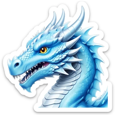 Cinematic Noble Fierce Ice Dragon Portrait Emoji, Poised and imposing, distinct long elegant snout, with a slender, scaled body shimmering in glacial hues of icy blue, frostbitten silver, and crystalline white, breathing out frost, with piercing, glowing eyes that radiate the chilling depths of an arctic storm; rendered in detail. sticker