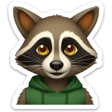brown raccoon with orange eyes and a dark green hood that is smiling sticker