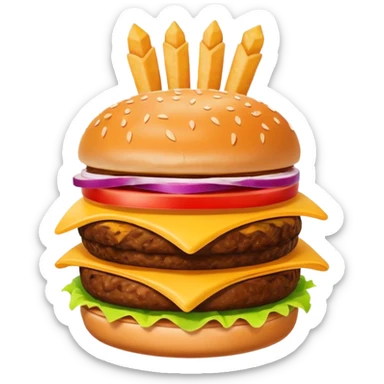 A clean and simple icon of fast food in emoji-style illustration. A burger with fries, nuggets and shawarma, bright and bold colors, simple shapes, flat design, high contrast, inviting and appetizing. sticker