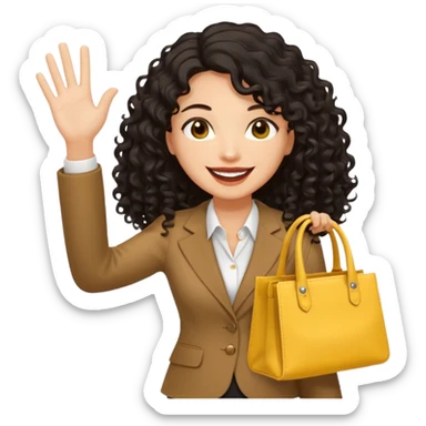 medium deep tan brown business woman with long black curly hair, waving hand with happy face with smile mouth and carrying bag on her shoulder and the other hand holding yellow stanley tumblr sticker