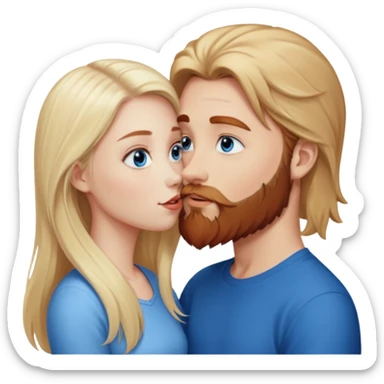 Long-pale-blonde hair, beautiful girl with blue eyes facing, kissing reddish-brown hair and beard boy blue eyed white guy sticker