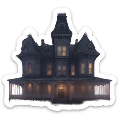 Wide angle, A ramshackle Victorian mansion looms through dense fog at dusk  sticker