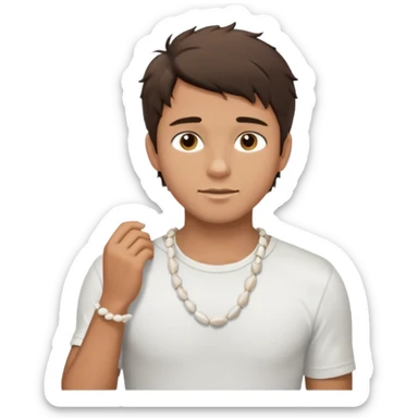 create an emoji of a young man. he has a nice surfer look, with short messy dark brown hair, brown eyes, tanned skin, natural lips. he wears a white tight sea shell necklace with an open short sleeve white shirt sticker