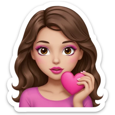 girl with long wavy brown hair, brown eyes, long lashes makeup, sexy pink lips, light to medium complexion, wearing a pink sexy top, sexy , puckering, blushing, kissing a heart sexy sticker