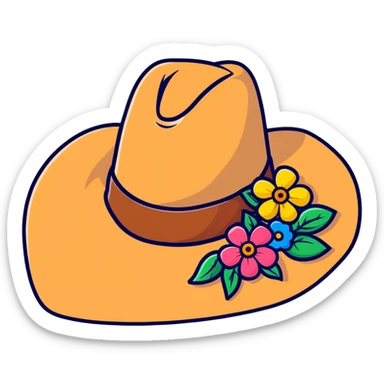Cowgirl hat with wildflowers, colorful floral arrangement on a tan cowboy hat sticker