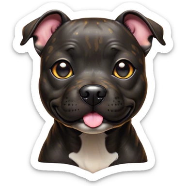 Cinematic Cute Black/Brindle Staffordshire Bull Terrier Portrait Emoji, Head tilted playfully and inquisitively, featuring a glossy Fur with a dynamic mix of black and brindle, round, sparkling dark eyes filled with curiosity, Simplified yet irresistibly adorable features, highly detailed, glowing with a warm, friendly glow, high shine, affectionate and spirited, stylized with a touch of whimsy, bright and endearing, soft glowing outline, capturing the essence of a mischievous yet loving pup, so playful it feels like it could bound out of the screen and into your arms! sticker