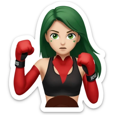 Girl emoji with green eyes and long brown hair, black sports bra throwing a punch  sticker
