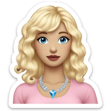Blonde bold wavy long hair with bangs, blue eyes, girl, pink lips, black eyeliner, red blush on cheeks and nose, pink eyeshadow, black shirt with lower arms shown shoulder, silver necklace with little blue diamond sticker
