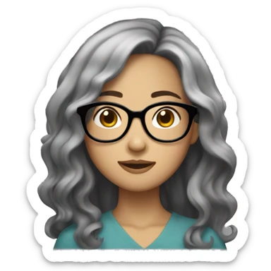 an asian girl with long black wavy hair with slightly tan skin and glasses sticker
