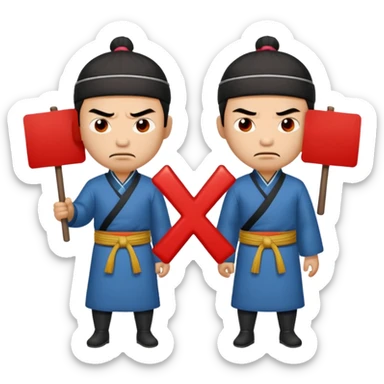 qing empire man who is of han ethnicity who looks angry that is holding a sign that has a red x on it to another man who is not han ethnicity who looks sad sticker