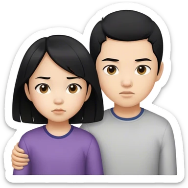 Emoji of a determined, North Korean defector, must be asian girl with her little brother, both must have black hair sticker