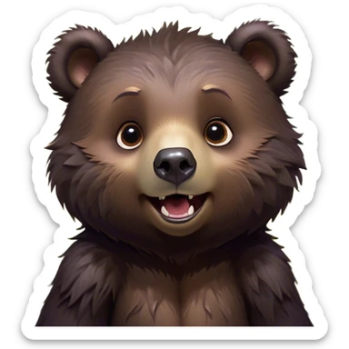 Cinematic Comical bear cub Portrait Emoji, Head tilted dramatically with an exaggeratedly amused expression, featuring a striking, glossy dark brown fur with bold fur texture, wide, expressive eyes filled with playful disbelief, Simplified yet hilariously expressive features, highly detailed, glowing with a slightly sassy glow, high shine, dramatic yet playful, stylized with an air of cheeky wilderness mischief, bright and endearing, soft glowing outline, capturing the essence of a spirited and over-the-top bear cub, so meme-worthy it feels like it could roar its way into internet fame instantly! sticker