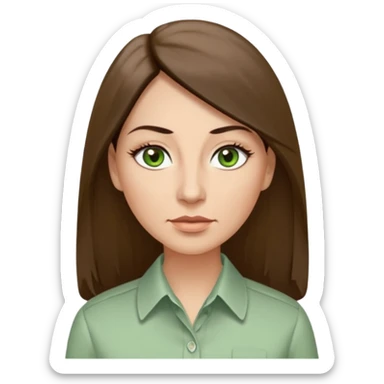 43 year old Adult woman avatar, light skin tone, long, oval face, long straight ashy brown hair, green almond-shaped eyes with dramatic eyelashes and minimal eyeliner, neutral mouth, medium straight eyebrows, average nose, smooth skin,  seersucker collared button down shirt sticker