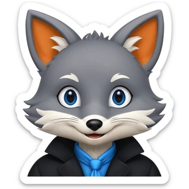 Grey anthropomorphic furry fox with a black coat, blue eyes, and a small fringe of black hair, smiling sticker