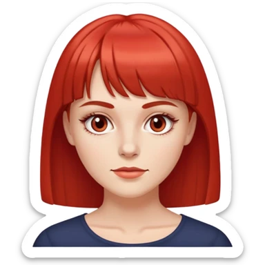 Uma mulher branca, com olhos castanhos claros, franja acima das sombrancelhas, sombrancelhas finas e retas, com o cabelo médio e tingido de vermelho puro sticker