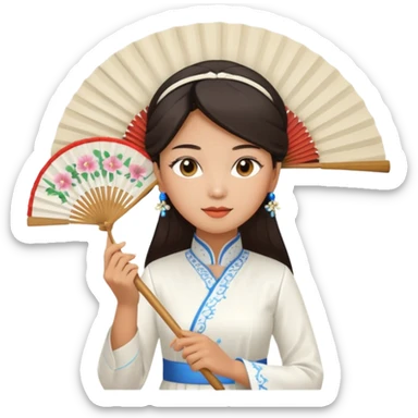 a vietnamese woman wearing a white ao dai holding a folding fan elegantly, wearing a nón lá sticker