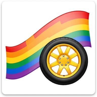 LGBT pride flag background with vibrant colors, black realistic tire skid marks crossing the flag, bold clear marks, high contrast stylized emoji style sticker