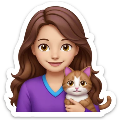 a girl with long wavy brown hair and brown eyes, wearing purple clothes, smiling with a three-color cat beside her, emoji style sticker
