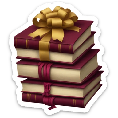 burgundy books stacked up and tied together by a burgundy bow sticker