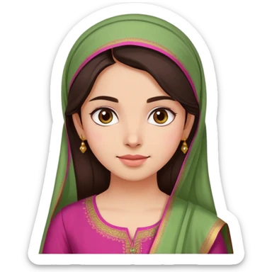 girl with light wheatish skin, dark brown hair, wearing dark pink kurti with sage green dupatta on head sticker