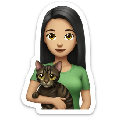 girl with long black hair and white skin. she has brown eyes and is wearing a green shirt. she is holding her brown and black bengal cat that has green eyes sticker