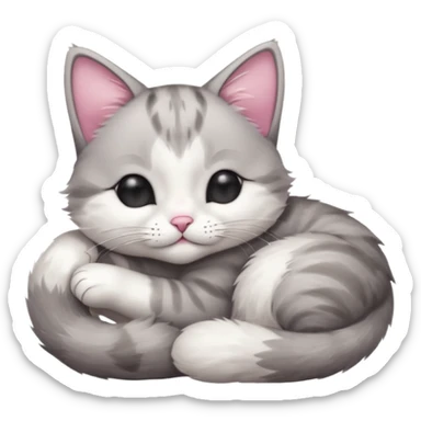 1 grey and white small cat with its eyes closed lying down leaning on its elbow with its paw curled under his head holding it up sticker