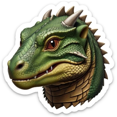 Cinematic Realistic Noble Komodo Dragon Portrait Emoji, Poised and imposing, with a massive, rugged build and a weathered, intricately scaled hide in earthy olive and dark tones, a distinct, powerful head with sharply defined features and piercing eyes, rendered in lifelike detail with natural texture and shadow, high shine, intelligent and formidable, styled with an air of ancient reptilian authority, focused and attentive, soft glowing outline, capturing the essence of a watchful and commanding Komodo dragon that appears ready to emerge from the screen with raw power! sticker