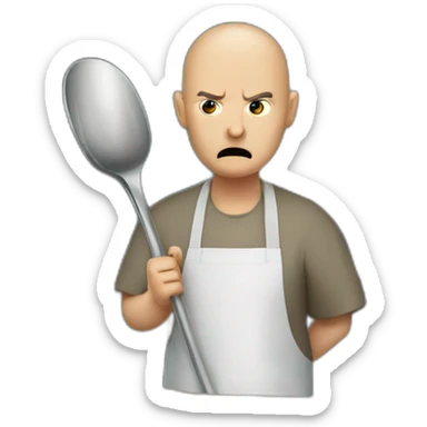 Canteen staff angry enrobed bald with ladle sticker