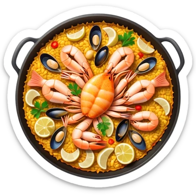 Cinematic Realistic Paella Dish Emoji, depicted as a vibrant, aromatic rice dish loaded with seafood, chicken, and saffron rendered with rich textures and dynamic, warm lighting. sticker