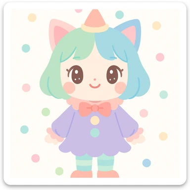 asian girl with cat ears, dressed like a clown, green and blue colored hair, cute and appealing style sticker