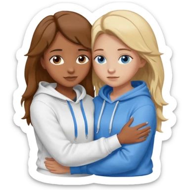 two Girls, Brown and Blonde hair, with Blue Eyes hugging one has Brown hair cute Hug another Version  Both Blue eyes and white hoddies Brown haired blonde on sticker