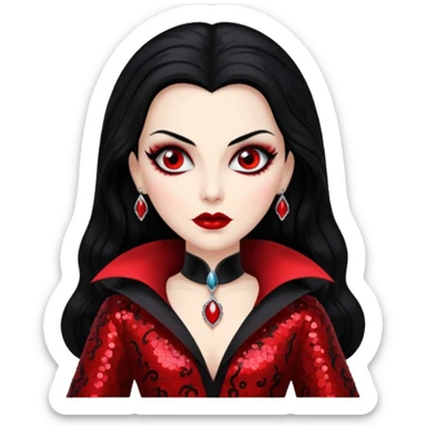 Countess Dracula from Universal Monsters with long jet black hair, black and red sequin outfit  sticker