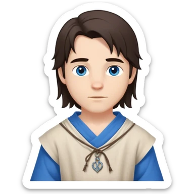 medieval spring outfit worn by a DnD themed fantasy male character. simple linen tunic with a drawstring neckline, paired with a lightweight wool shoulder wrap for mild breezes. clothes only above the waist. The clothes full waist. The character's haven't arms. character is white-skinned, dark brown hair, blue eyes, medium-length straight hair. sticker