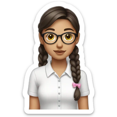 girl with dark brown hair with pigtails in a white shirt with pink on her face and wearing glasses sticker