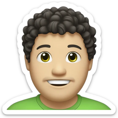 chubby, white man, black curly hair, green eyes, goatee, medium lips, smiling sticker
